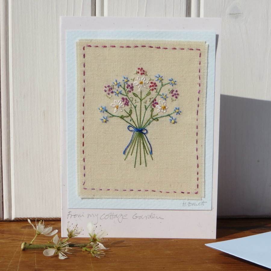 Hand embroidered posy of cottage garden flowers, delicate, freely stitched