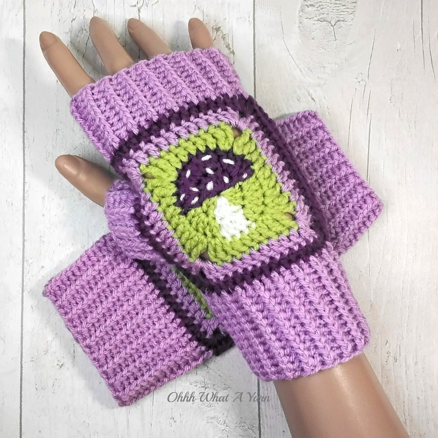 Crochet gloves, lilac and purple toadstool gloves mushroom fingerless gloves. 