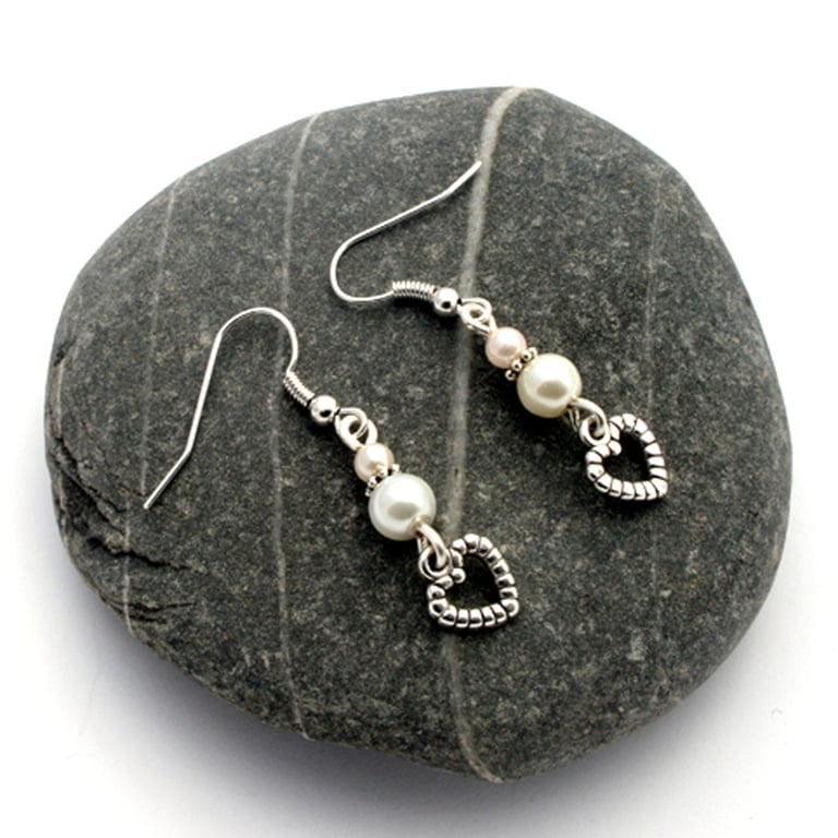 Ivory Pearl Heart Earrings - Silver Charm Drop Earrings