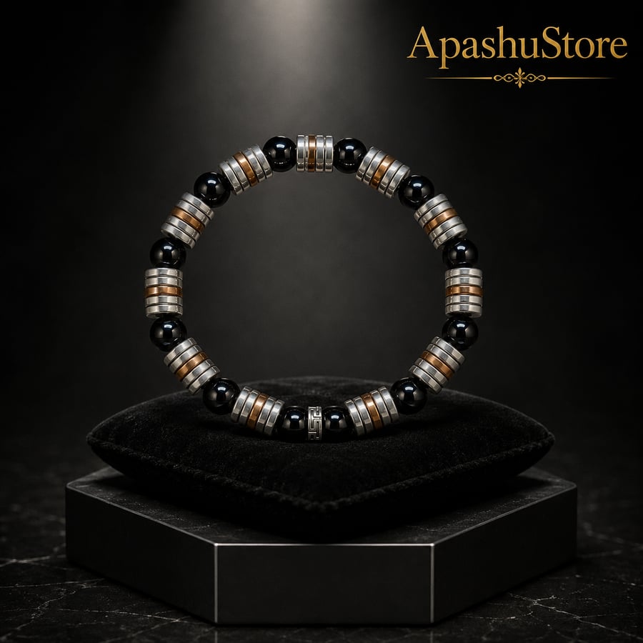 Men’s Black Onyx & Metallic Hematite Bracelet – 19 cm