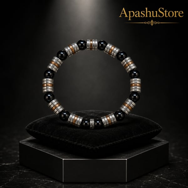 Men’s Black Onyx & Metallic Hematite Bracelet – 19 cm