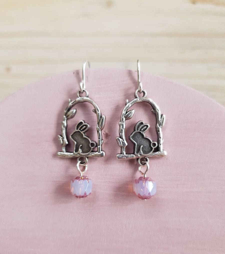 Rabbit & Czech Glass Dangle Earrings - Pink & Antiqued Silver