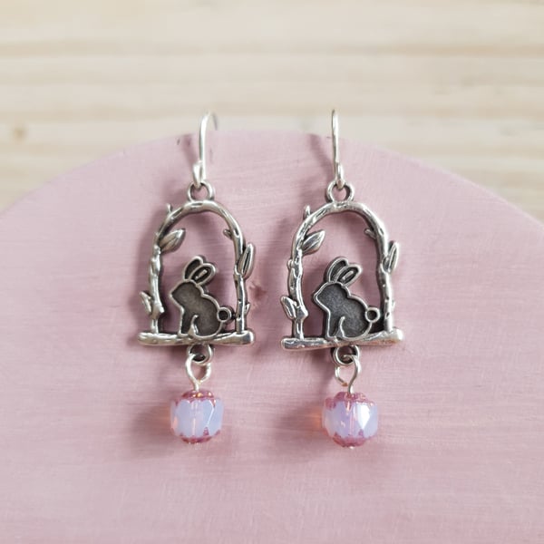 Rabbit & Czech Glass Dangle Earrings - Pink & Antiqued Silver