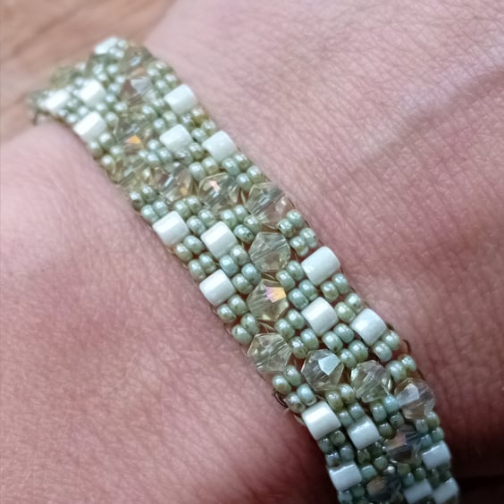 Sage green and cream glittering gem bracelet cuff