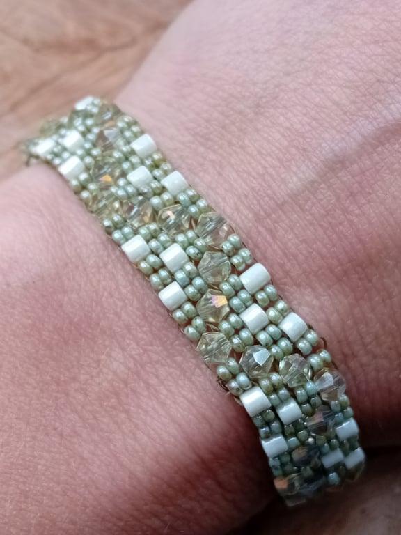 Sage green and cream glittering gem bracelet cuff