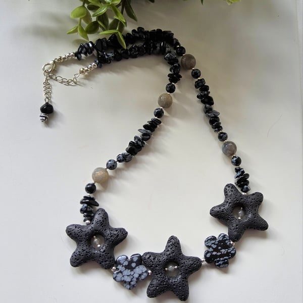 Lava Rock, Snowflake Obsidian & Labradorite Necklace ONE OFF