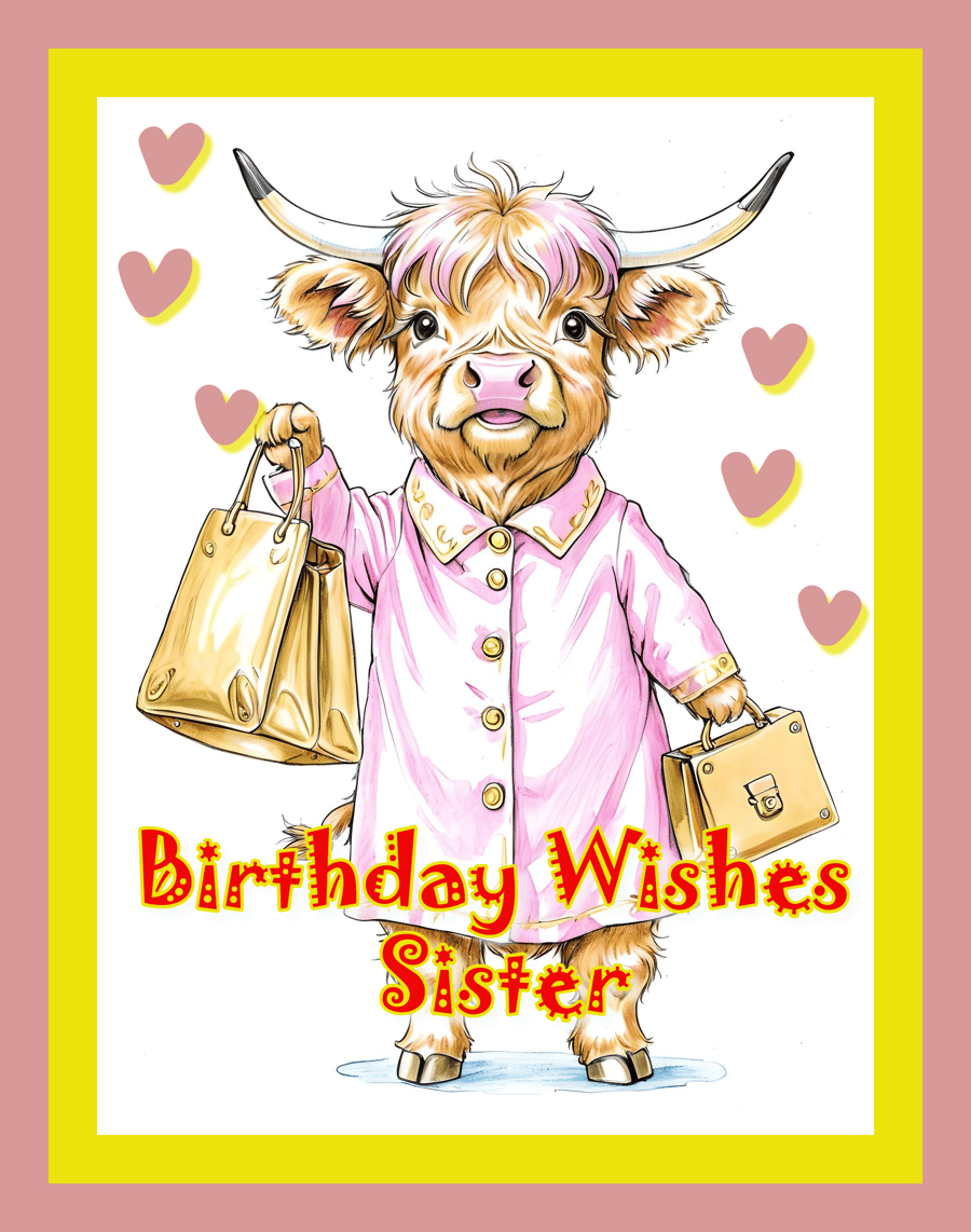 Birthday Wishes Sister Highland Cow Card A5