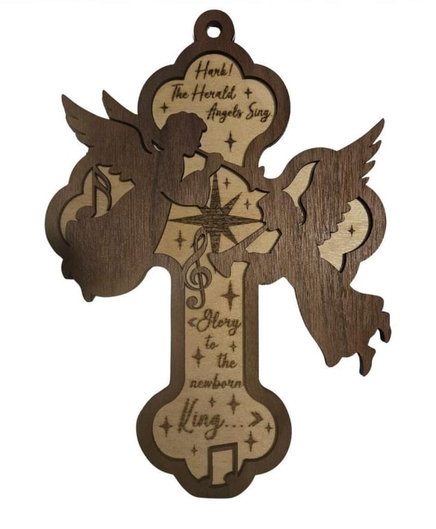 Hark The Herald Angels Sing Christmas Ornament Wooden Nativity Cross Christian C