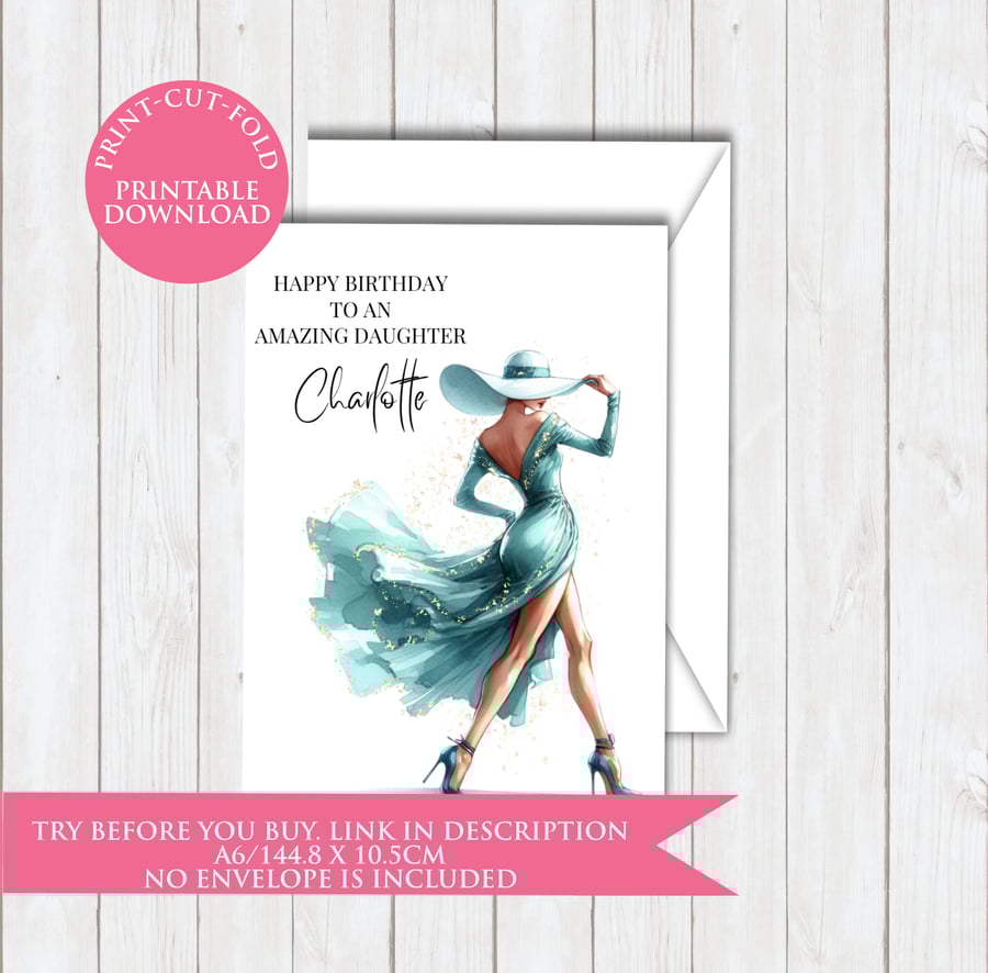 Teal Gown Female Birthday Editable Card