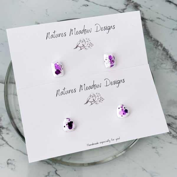 Purple Glitter and White Earrings: Hypoallergenic Lightweight Studs