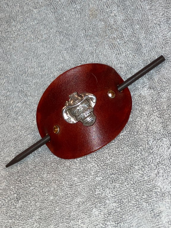 Brown Leather Hair Stick Barrette with Cowboy Sugar Skull with 2 Orange Gems