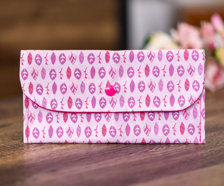 Handmade Coin Purse, Wallet Card Holder, Mini Wallet-Pink Leaf Design-CP53