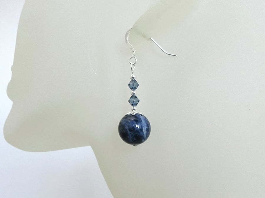 Chunky Blue Sodalite Earrings With Swarovski Crystals & Sterling Silver