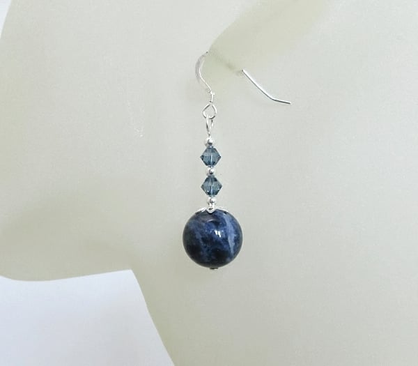 Chunky Blue Sodalite Earrings With Swarovski Crystals & Sterling Silver