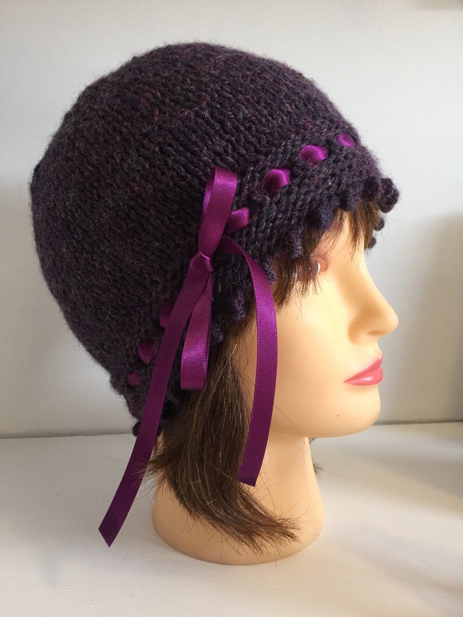 Purple 1920s Style Hat, Vintage Look Beanie, Winter Hat, Ribbon Laced Hat, 