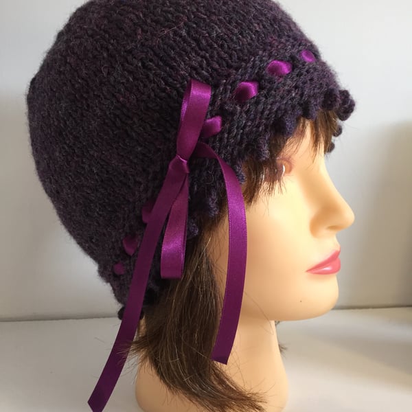 Purple 1920s Style Hat, Vintage Look Beanie, Winter Hat, Ribbon Laced Hat, 