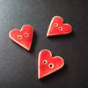 Set of 3 red ceramic heart buttons