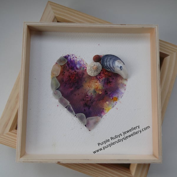 Heart of Cornwall Purple & Yellow Tie-Dye Sea Glass & Sea Shell Picture P172