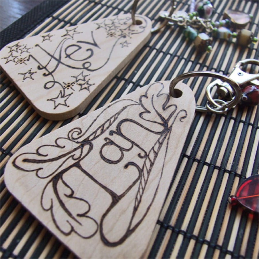 Personalised Wooden Pyrography Keyring Great for Grandad or Dad