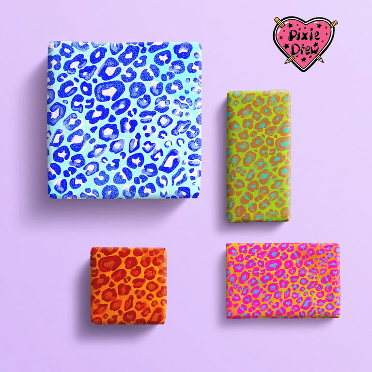 Leopard print wrapping paper in blue, orange, pink or green