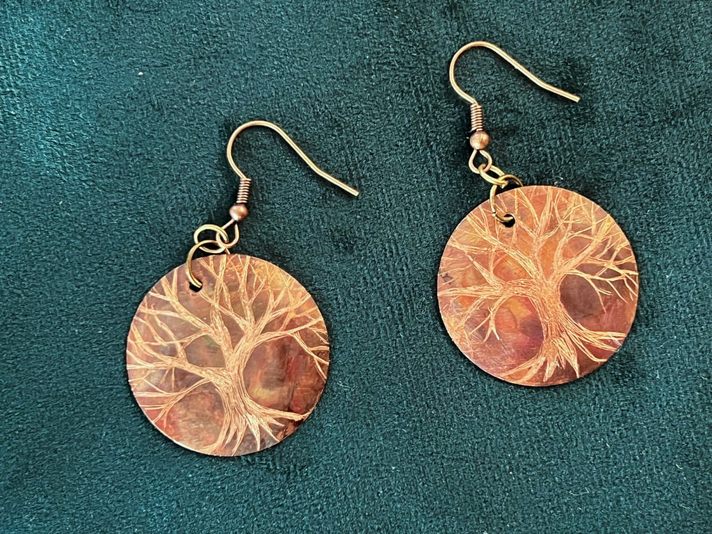 Hand-engraved burnished copper earrings