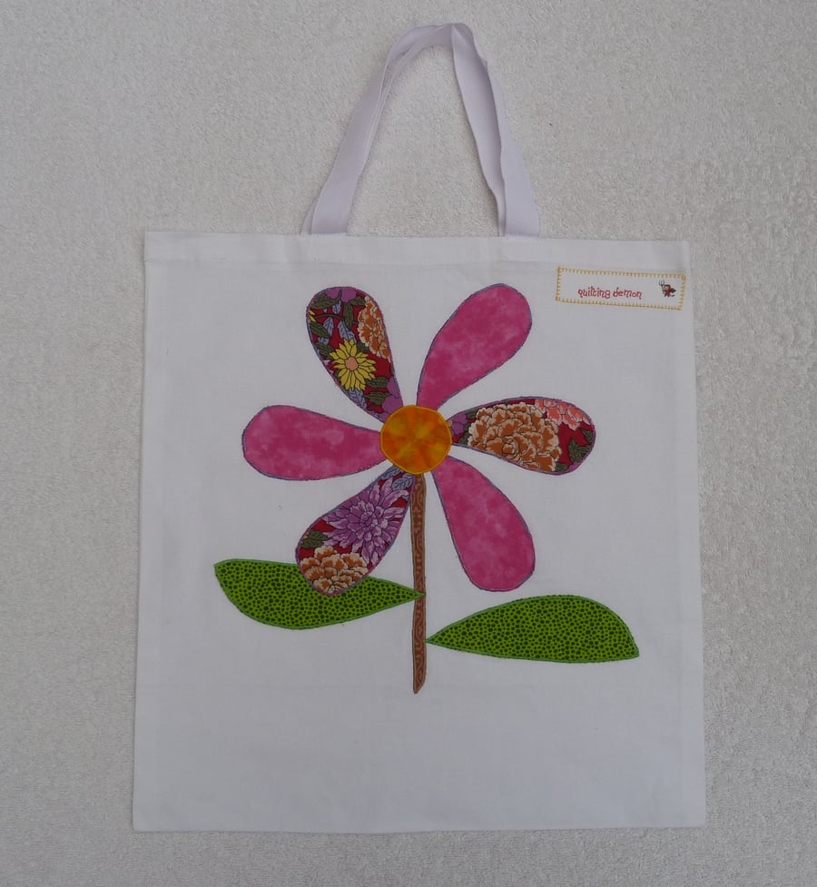 Applique Flower Cotton Canvas Bag with Short Handles