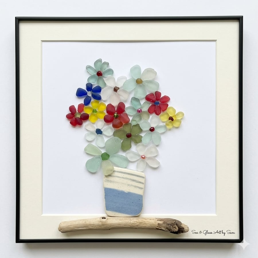 Handmade Vibrant Sea Glass Floral Bouquet Picture - Framed 8x8 Coastal Art