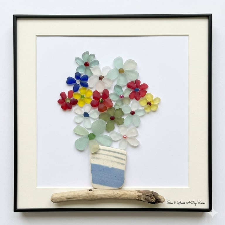 Handmade Vibrant Sea Glass Floral Bouquet Picture - Framed 8x8 Coastal Art