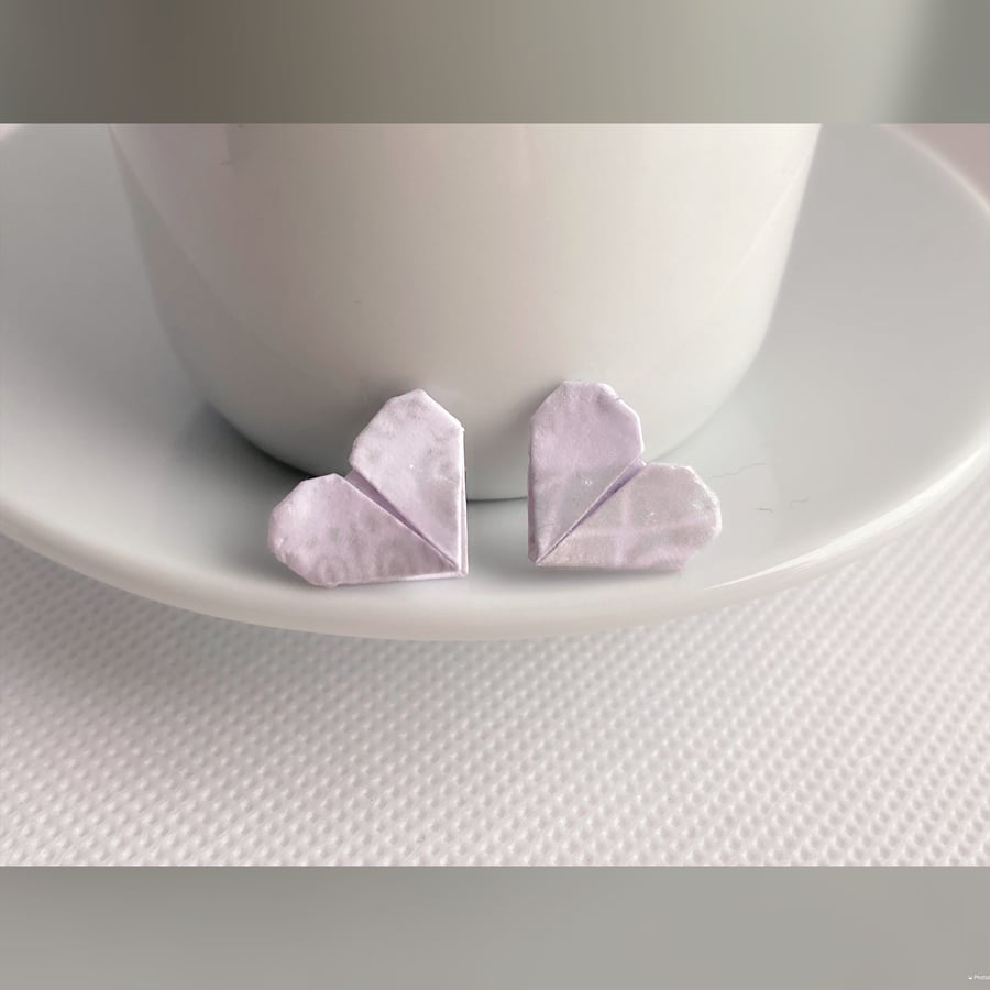White Lace Paper Heart Earrings, Origami Heart Earrings, Paper Heart Earrings