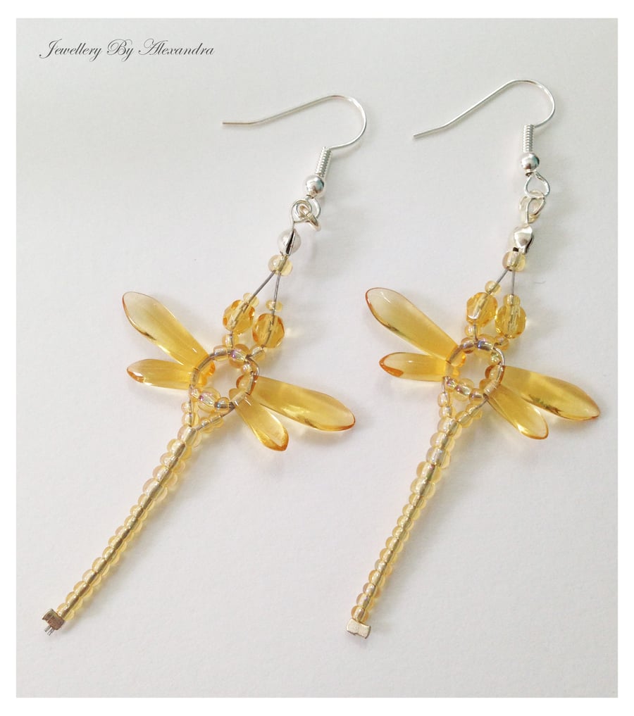 A Pair of Beaded Dragonflies Earrings – Gold or Yellow