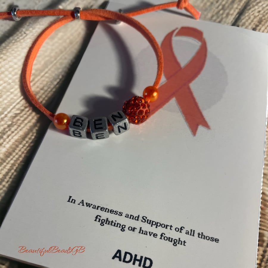 ADHD awareness orange shamballa beaded adjustable suede effect cord bracelet 