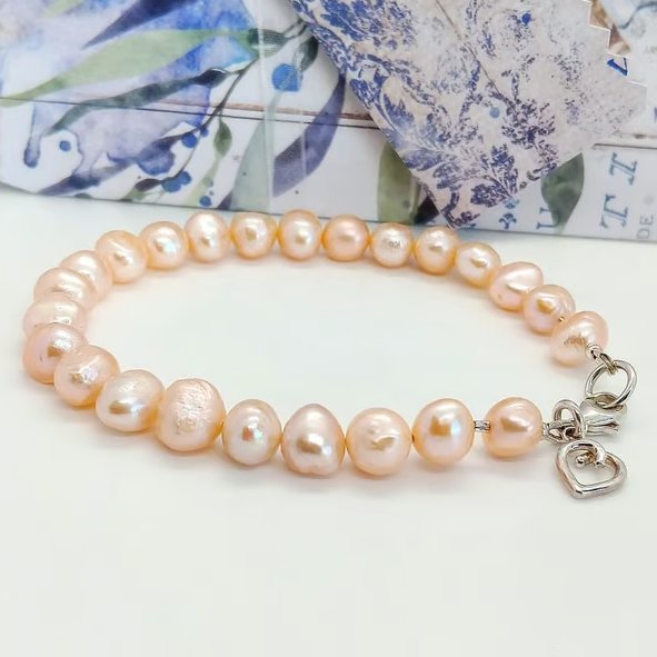 Peach Freshwater pearl bracelet sterling silver heart charm ladies 