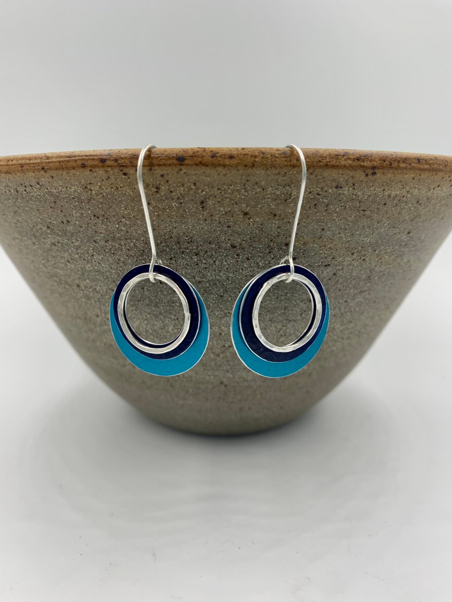 Large 'Ripples' circle earrings in navy and turquoise with recycled silver ring