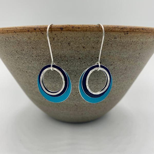 Large 'Ripples' circle earrings in navy and turquoise with recycled silver ring