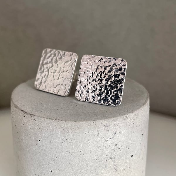 Sterling Silver Curved Square Ear Stud Earrings 12mm Hammered-Sparkly Textured