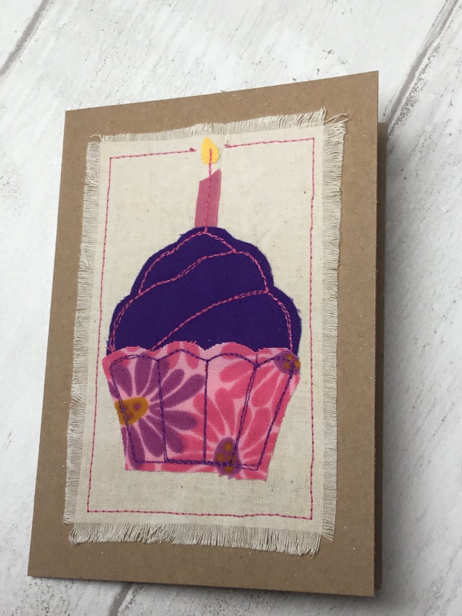 Appliqué sewn birthday card. Pink and purple.