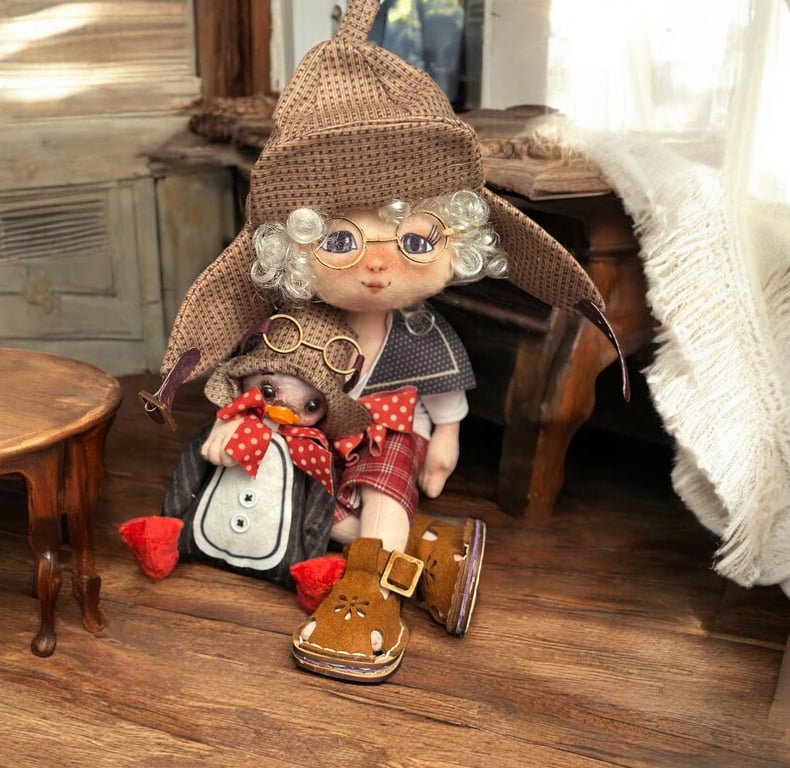 OOAK Handmade Soft Rag Doll Aviator Boy With Penguin