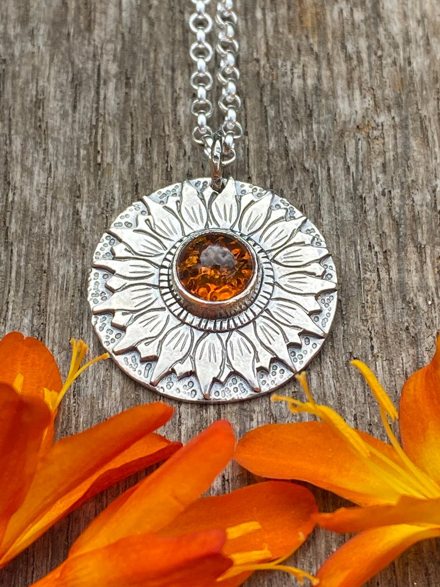 Sunflower Pendant with Amber