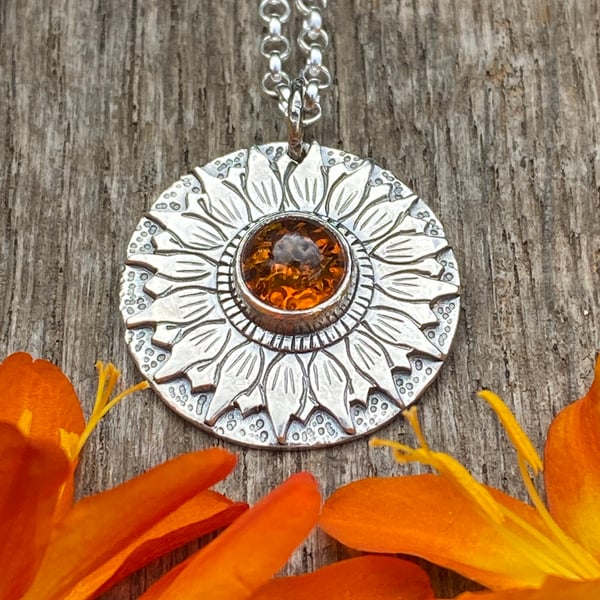 Sunflower Pendant with Amber
