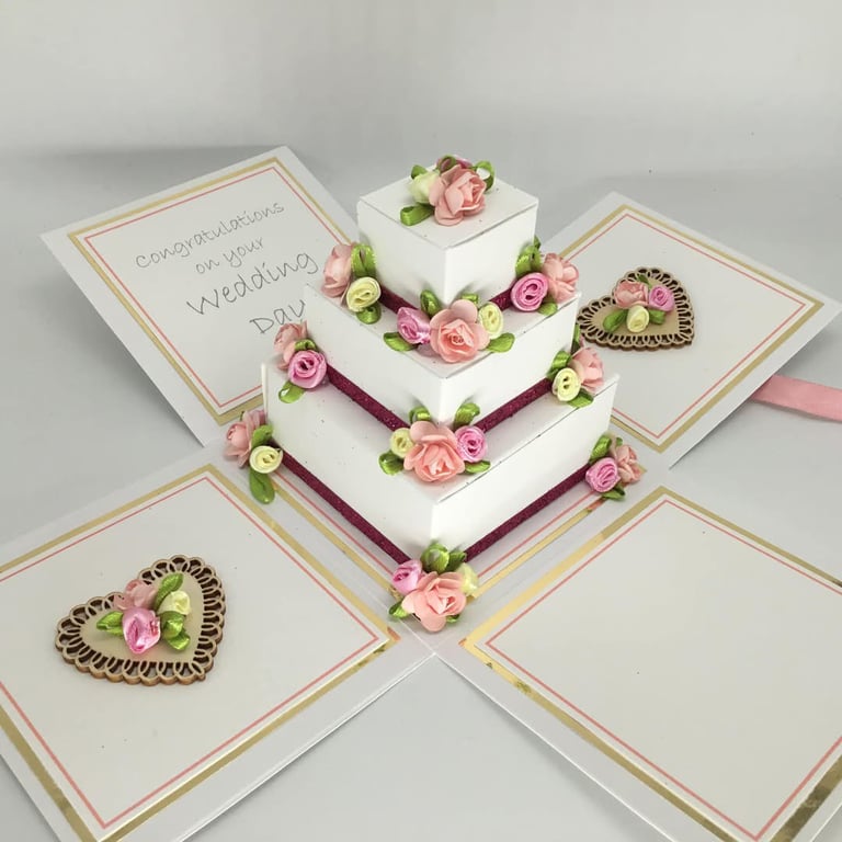 3D wedding cake exploding box card - pink and ivory roses