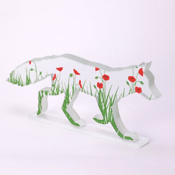 Fox Glass Sculpture with Poppies