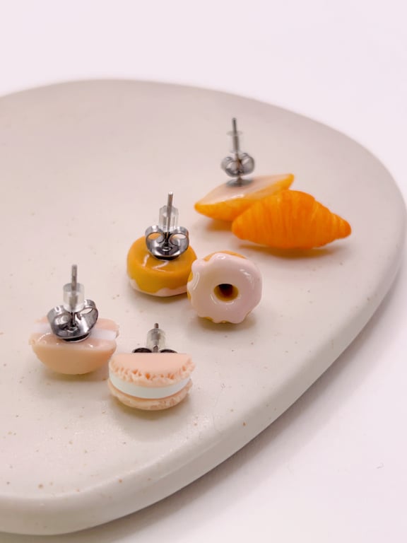 Cute clay food studs earrings for her, Croissant doughnut and macaron set