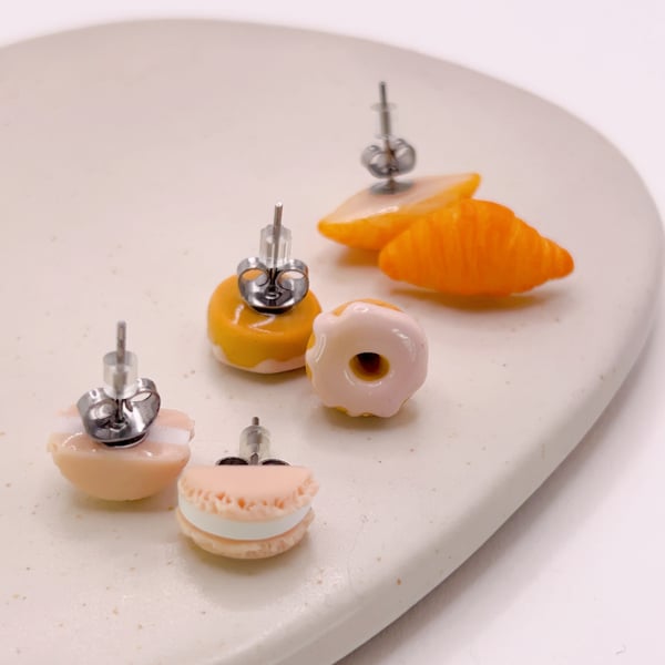 Cute clay food studs earrings for her, Croissant doughnut and macaron set
