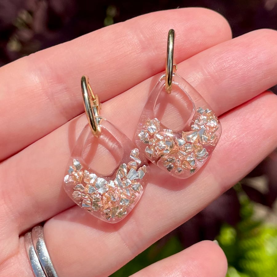 Rounded diamond hoop earrings – pink, statement dangle earrings