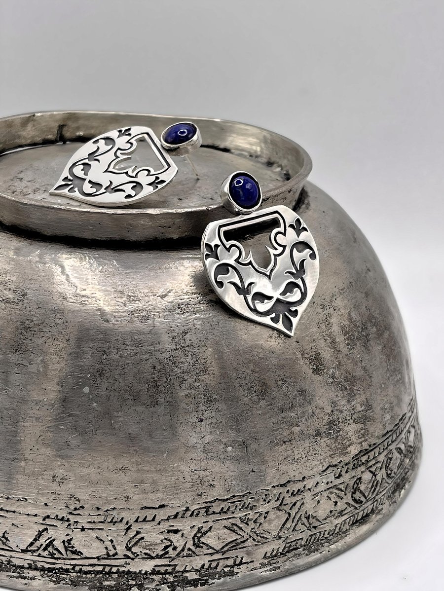 Lapis Lazuli Persian Inspired Motifs Stud Earrings