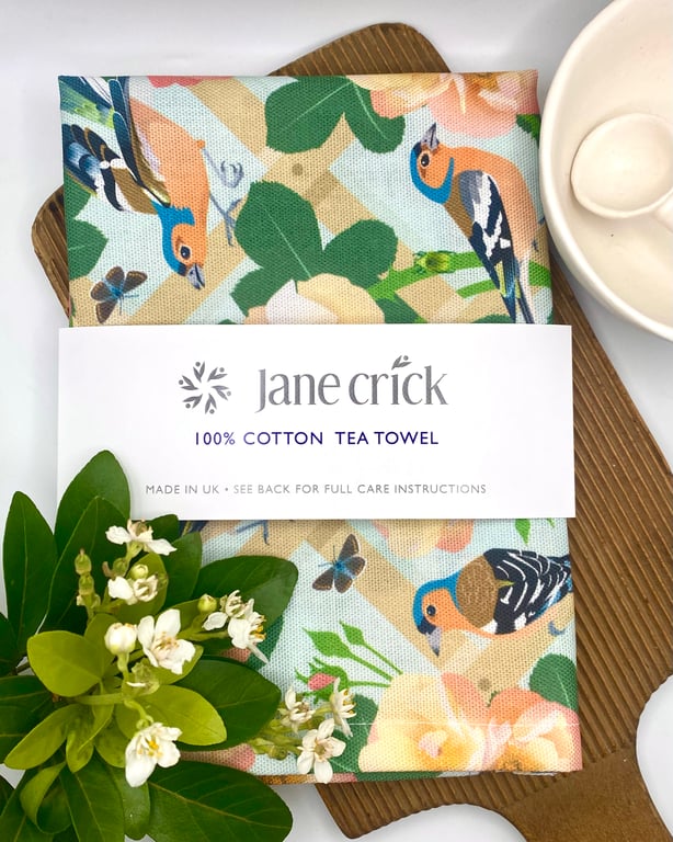 Chaffinches with English Climbing Roses Cotton Tea Towel