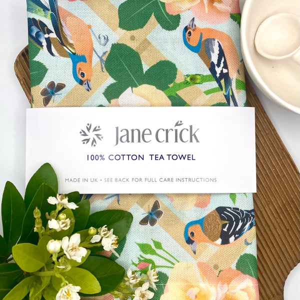 Chaffinches with English Climbing Roses Cotton Tea Towel