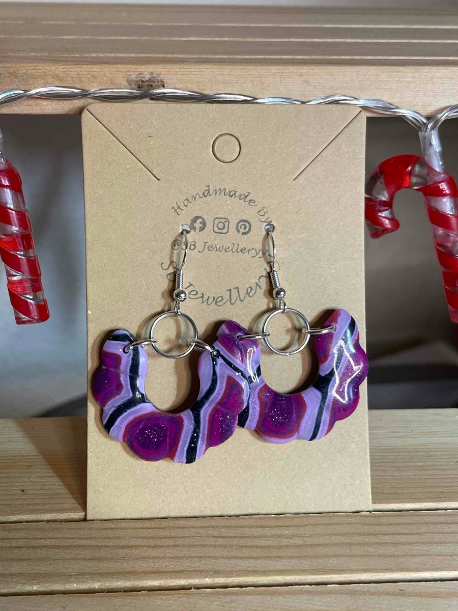 Handmade Polymer Clay Purple Patterned Dangle Earrings 