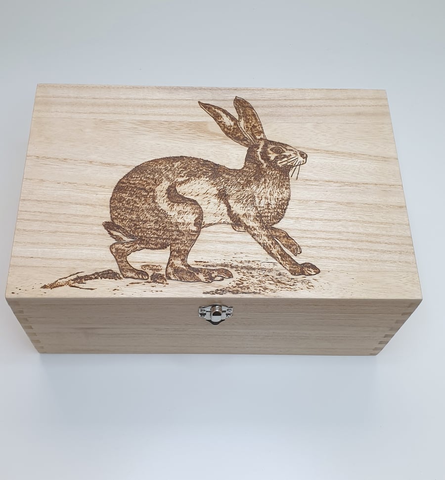 Hare wooden memory box, pyrography decorated keepsake box, new home gift 