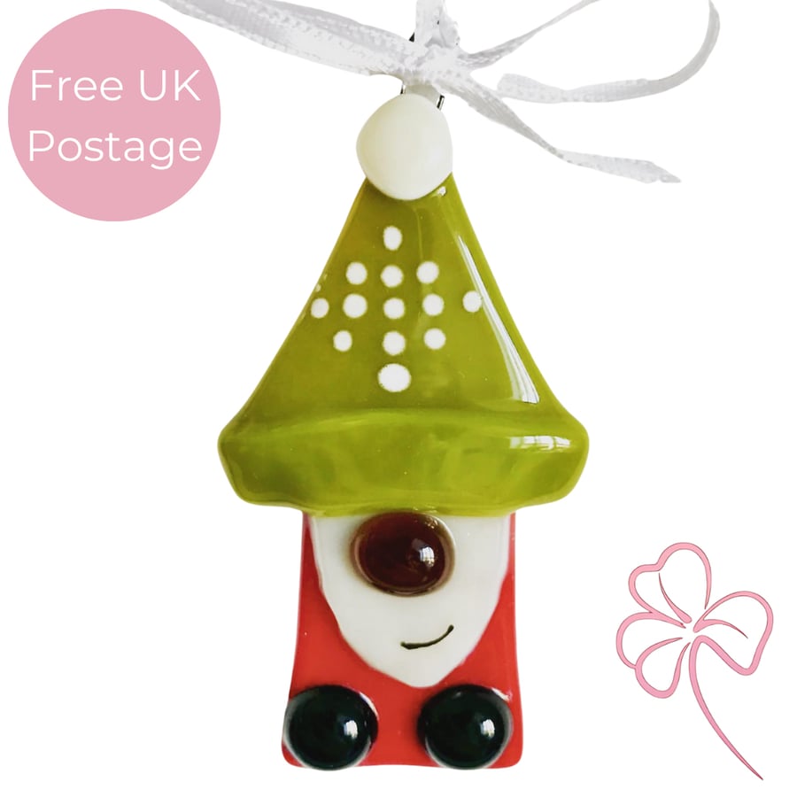Glass Christmas Gnome Hanging Decoration Brown Nose